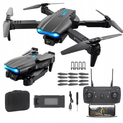 DRONAS E99 2x KVIETIKĖ SU 500M DIAPAZONU, SKRIEDIMO NETURIANČIOS TECHNOLOGIJOS, WIFI + DĖKLAS SU NUOTOLINIU VALDYMU