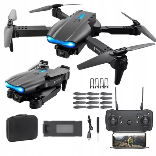 DRONAS E99 2x KVIETIKĖ SU 500M DIAPAZONU, SKRIEDIMO NETURIANČIOS TECHNOLOGIJOS, WIFI + DĖKLAS SU NUOTOLINIU VALDYMU