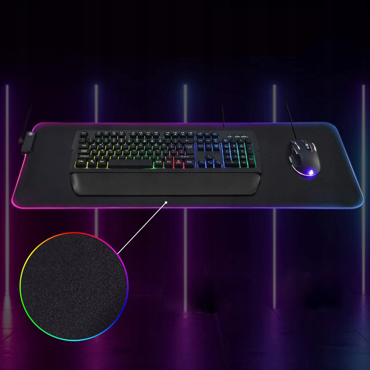Didelis RGB XXL žaidimų pelės kilimėlis su LED apšvietimu ant stalo