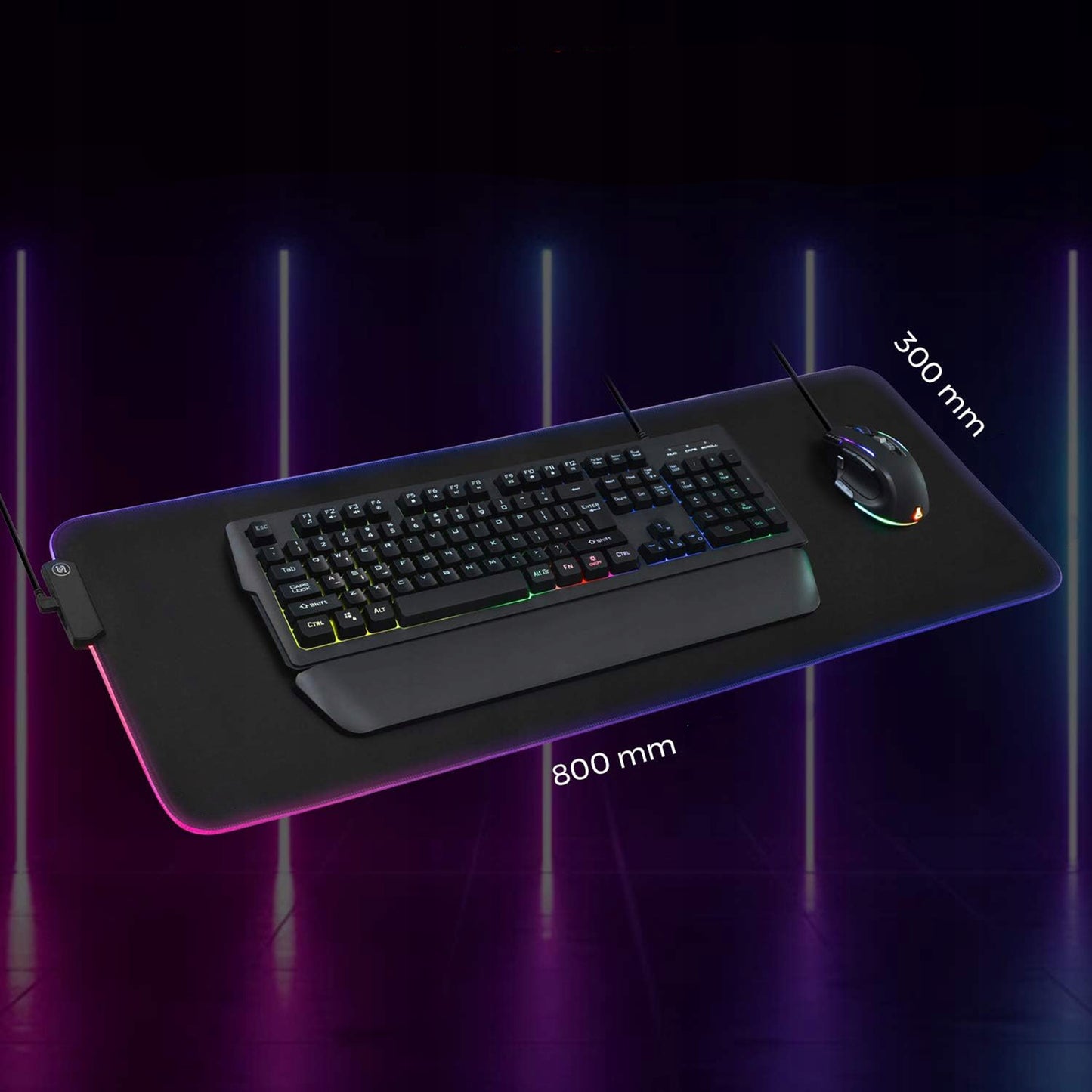 Didelis RGB XXL žaidimų pelės kilimėlis su LED apšvietimu ant stalo