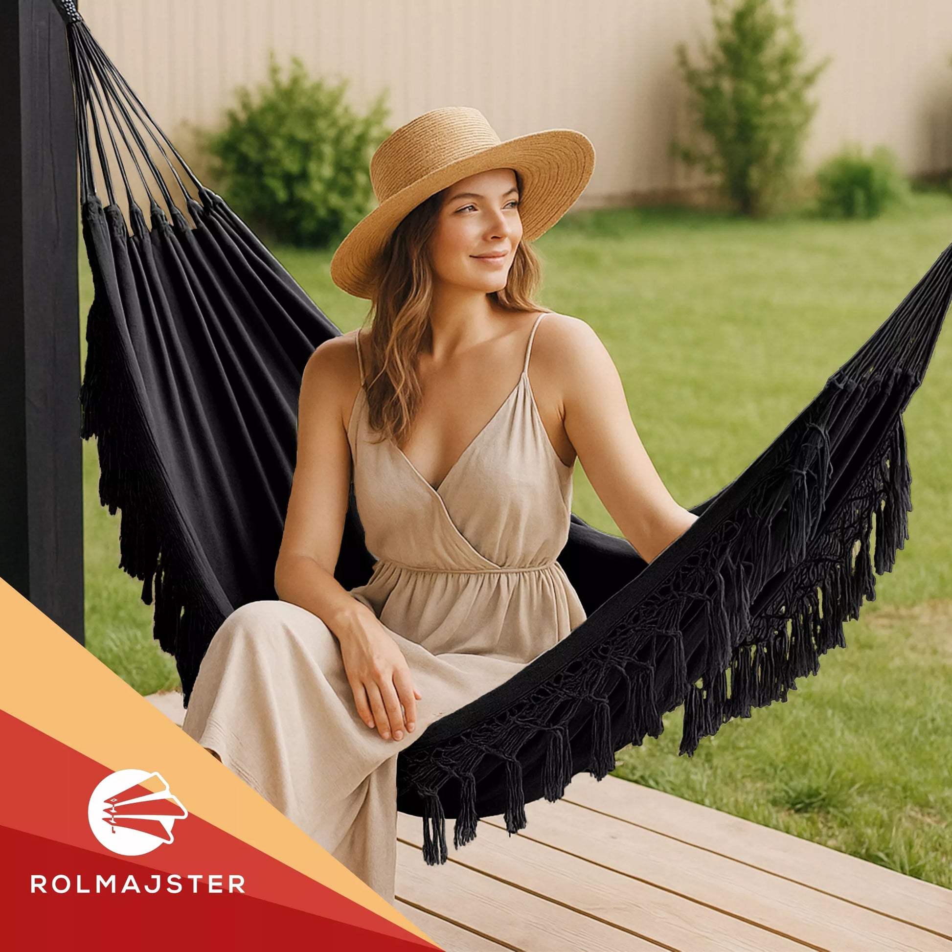 Didelis Sodo Hamakas BOHO Kutai Kelioninis Hamakas Balkonui JUODAS