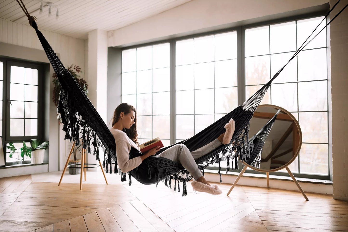 Didelis Sodo Hamakas BOHO Kutai Kelioninis Hamakas Balkonui JUODAS