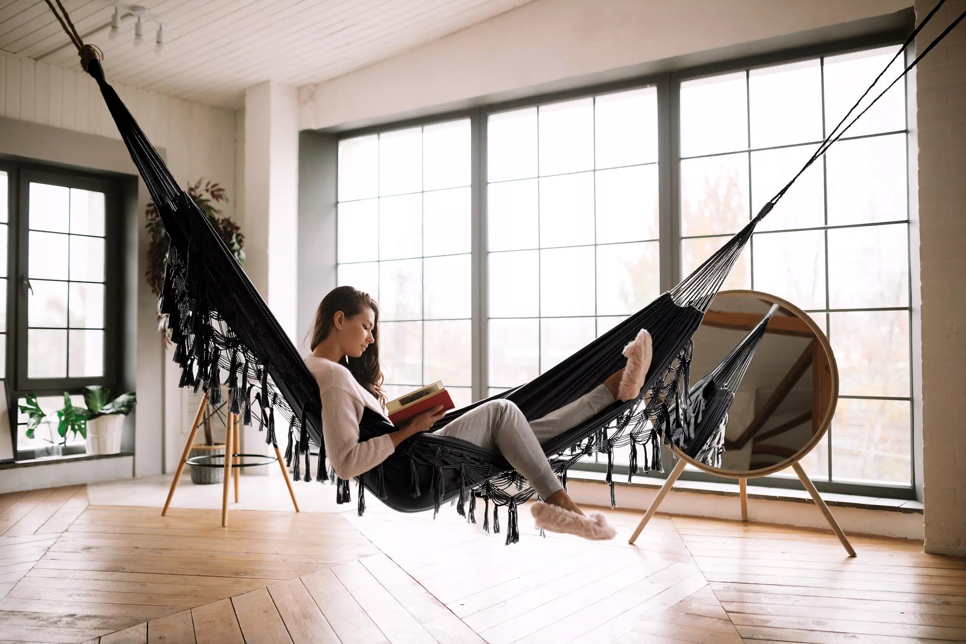 Didelis Sodo Hamakas BOHO Kutai Kelioninis Hamakas Balkonui JUODAS