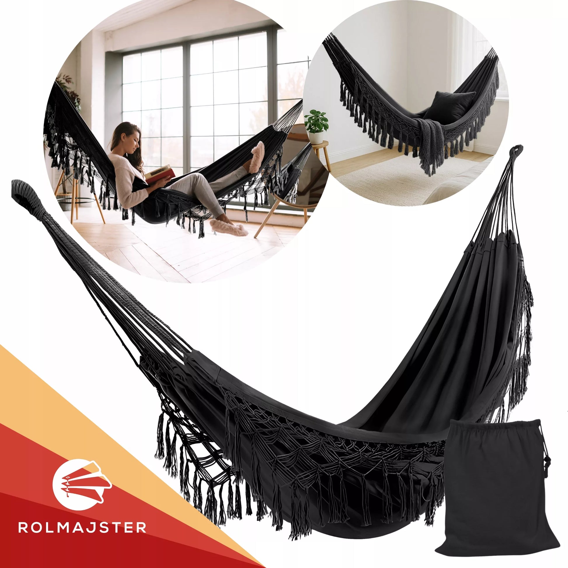 Didelis Sodo Hamakas BOHO Kutai Kelioninis Hamakas Balkonui JUODAS