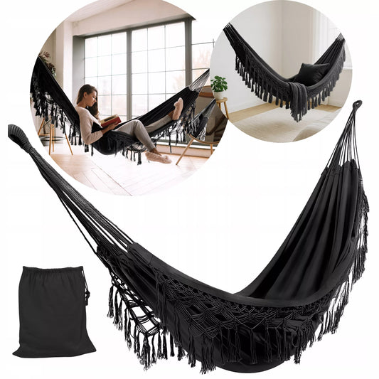 Didelis Sodo Hamakas BOHO Kutai Kelioninis Hamakas Balkonui JUODAS