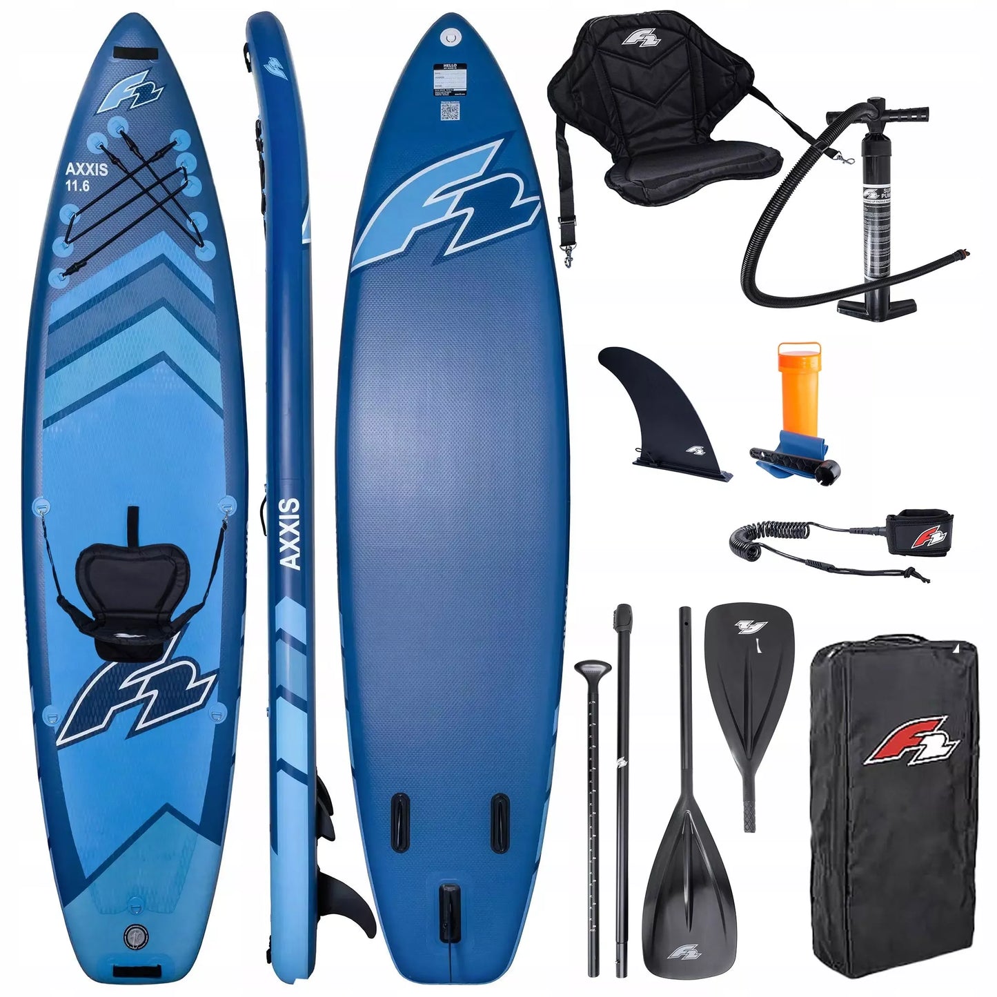 SUP F2 Axxis 11'6" Navy Blue Combo pripučiama lenta, 2in1 irklas, sėdynė
