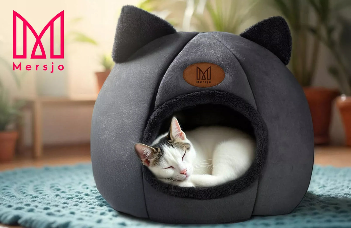Katės namelis, guolis, minkštas pliušinis su ausytėmis, juodas