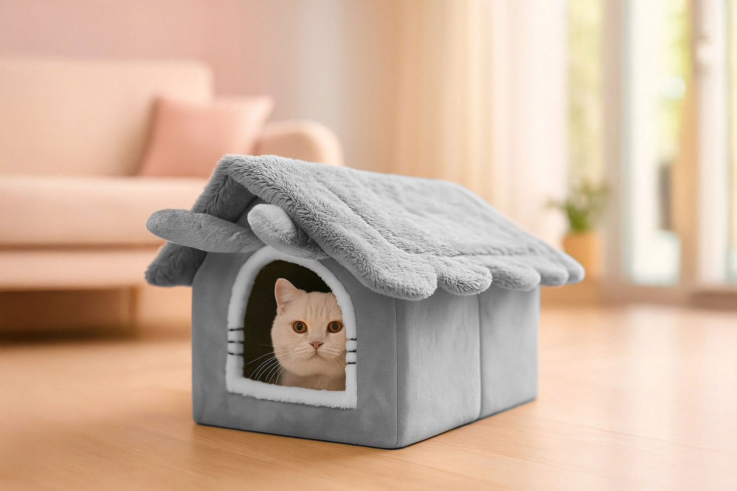 Katės namelis, pliušinė lova, jaukus guolis, minkšta pagalvėlė, būdelė Mersjo