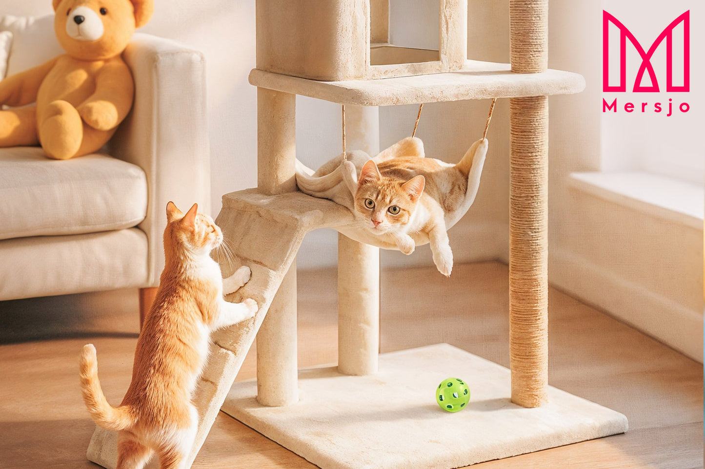 Kačių draskyklė, 6 lygių, su aukštu nameliu, guoliu ir žaisliuku Mersjo – 125cm