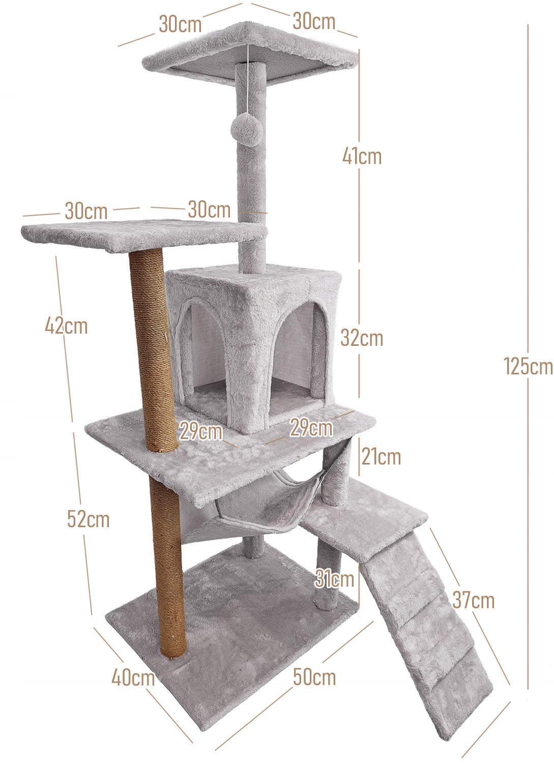 Kačių draskyklė, 6 lygių, su aukštu nameliu, guoliu ir žaisliuku Mersjo – 125cm