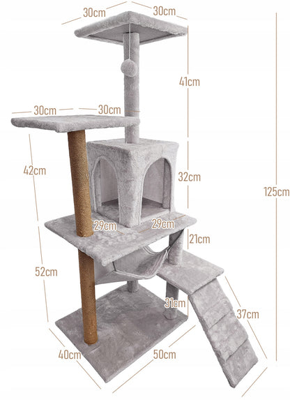 Kačių draskyklė, 6 lygių, su aukštu nameliu, guoliu ir žaisliuku Mersjo – 125cm