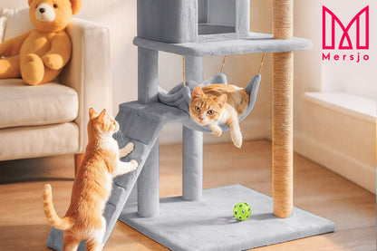 Kačių draskyklė, 6 lygių, su aukštu nameliu, guoliu ir žaisliuku Mersjo – 125cm