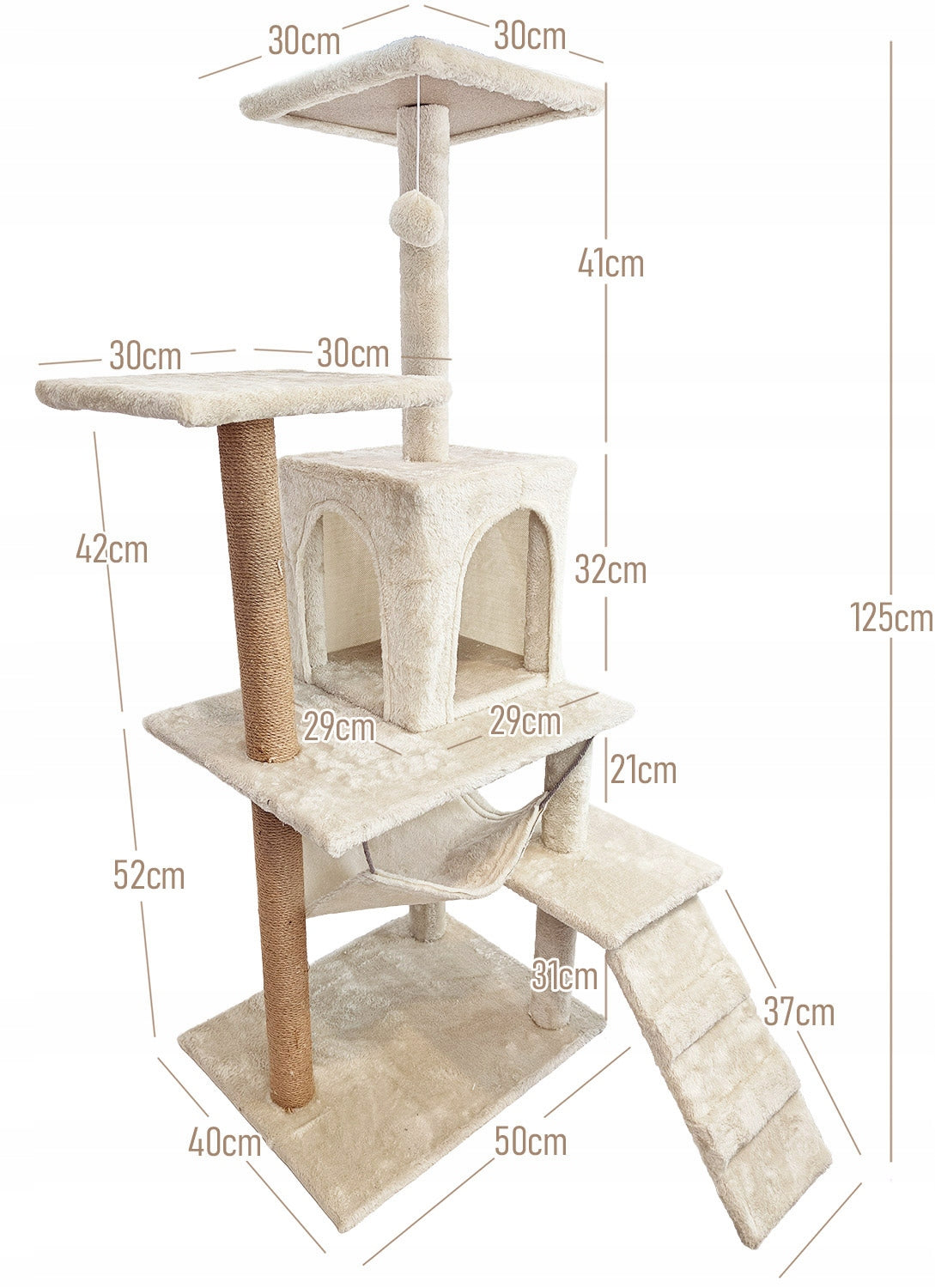 Kačių draskyklė, 6 lygių, su aukštu nameliu, guoliu ir žaisliuku Mersjo – 125cm