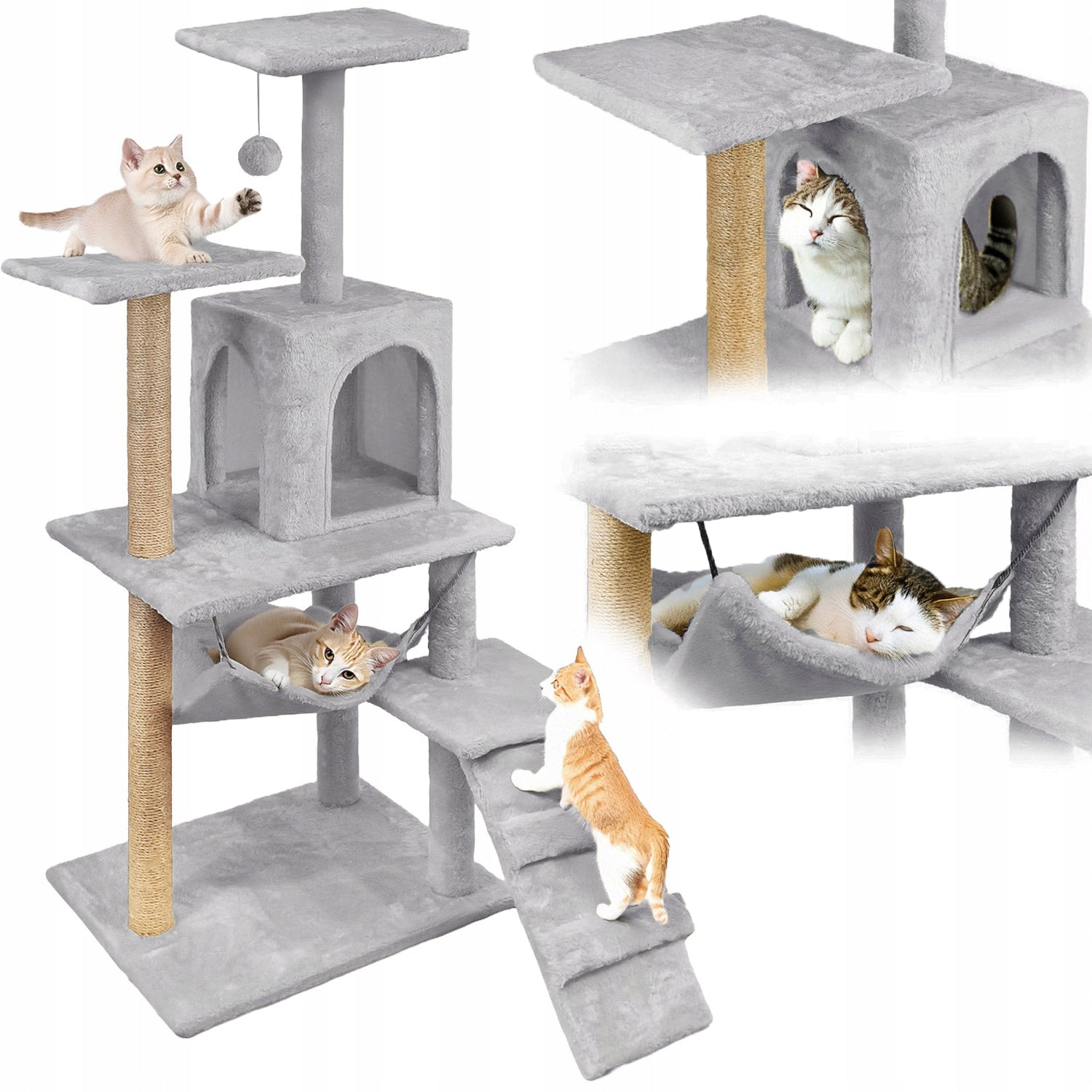 Kačių draskyklė, 6 lygių, su aukštu nameliu, guoliu ir žaisliuku Mersjo – 125cm