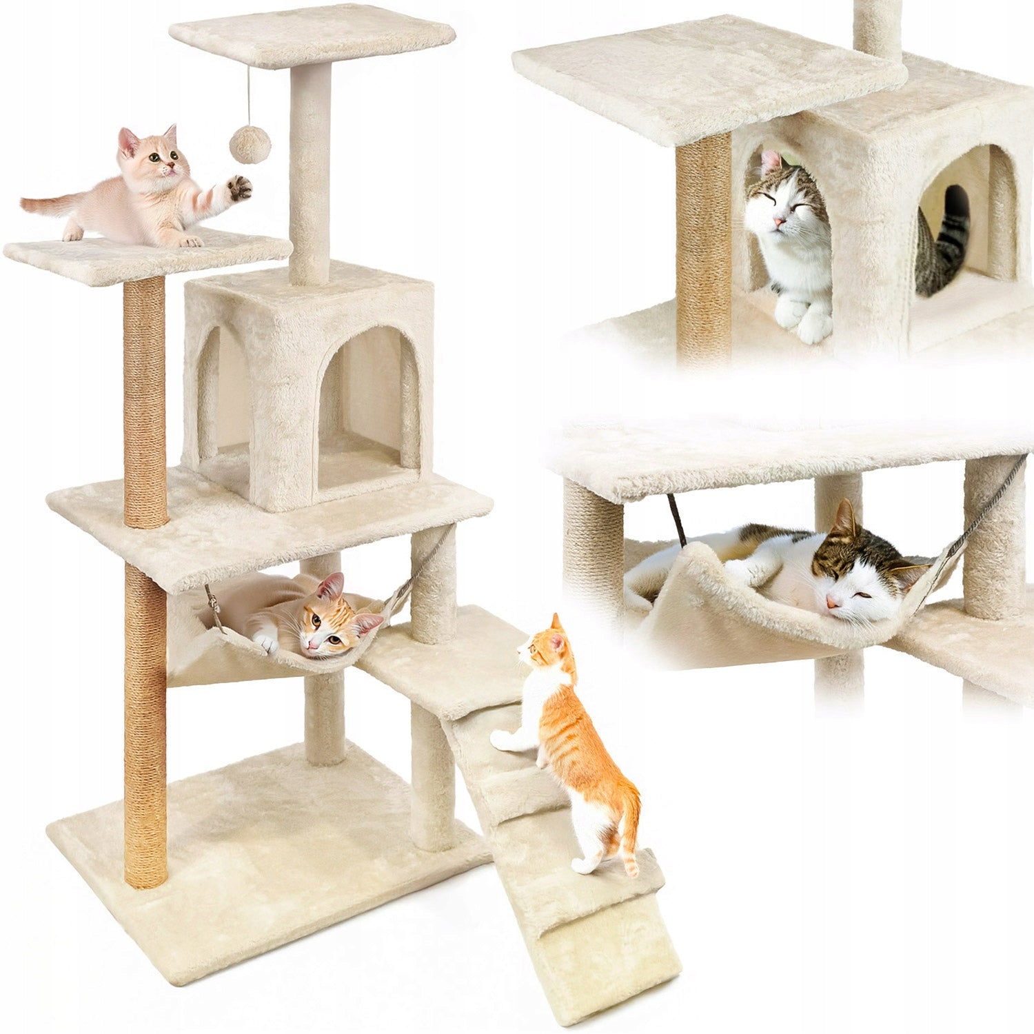 Kačių draskyklė, 6 lygių, su aukštu nameliu, guoliu ir žaisliuku Mersjo – 125cm