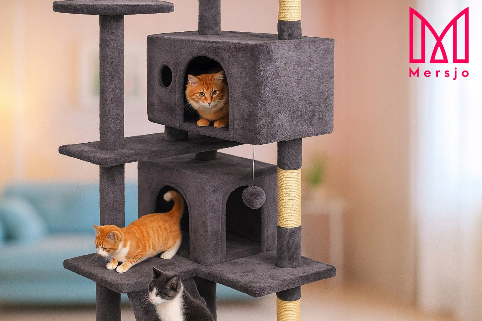 Stovi katės draskyklė, aukšta, 7 lygiai, tamsiai pilka 138cm