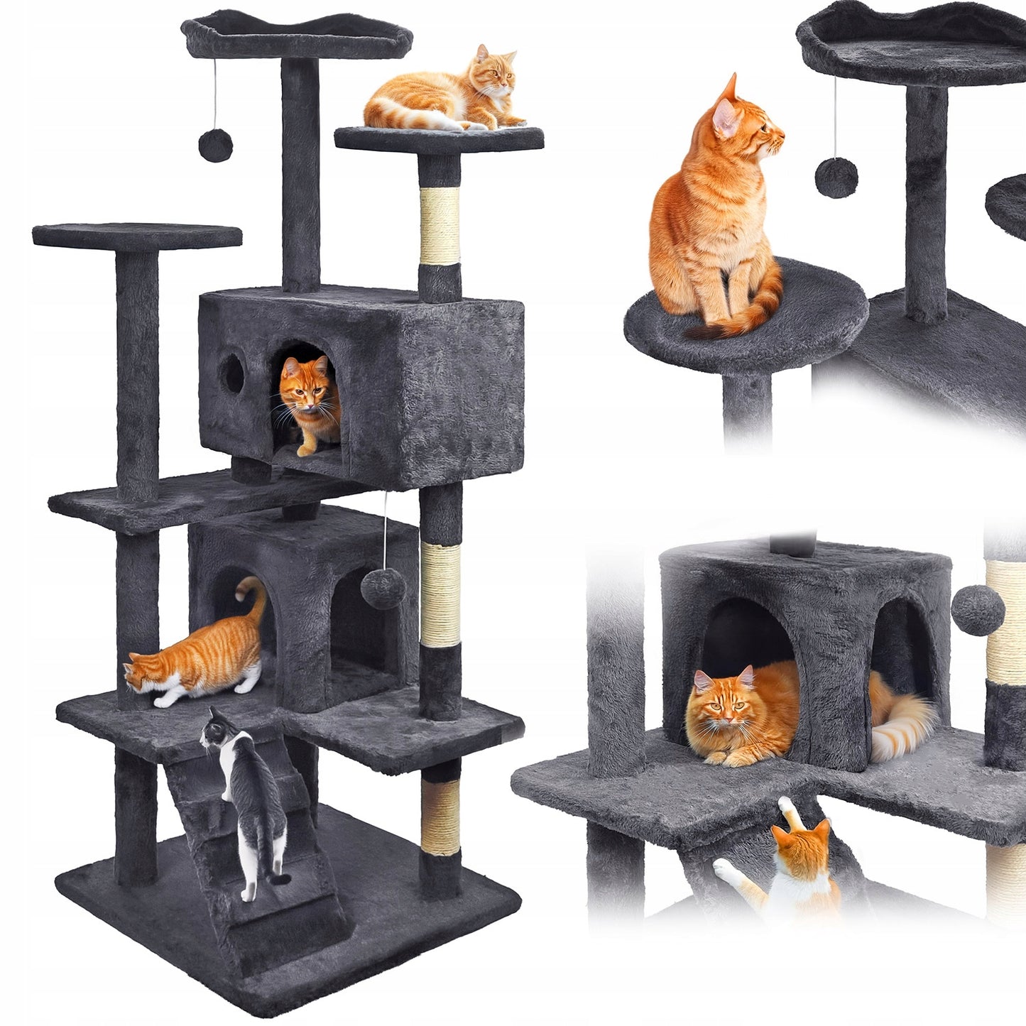 Stovi katės draskyklė, aukšta, 7 lygiai, tamsiai pilka 138cm