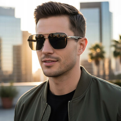 Vyriški poliarizuoti saulės akiniai Aviator stiliaus, juodi + auksiniai