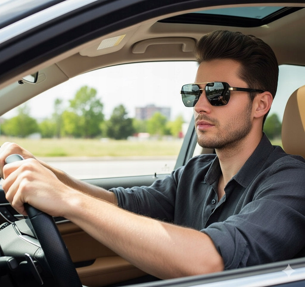 Vyriški poliarizuoti saulės akiniai Aviator stiliaus, juodi + auksiniai