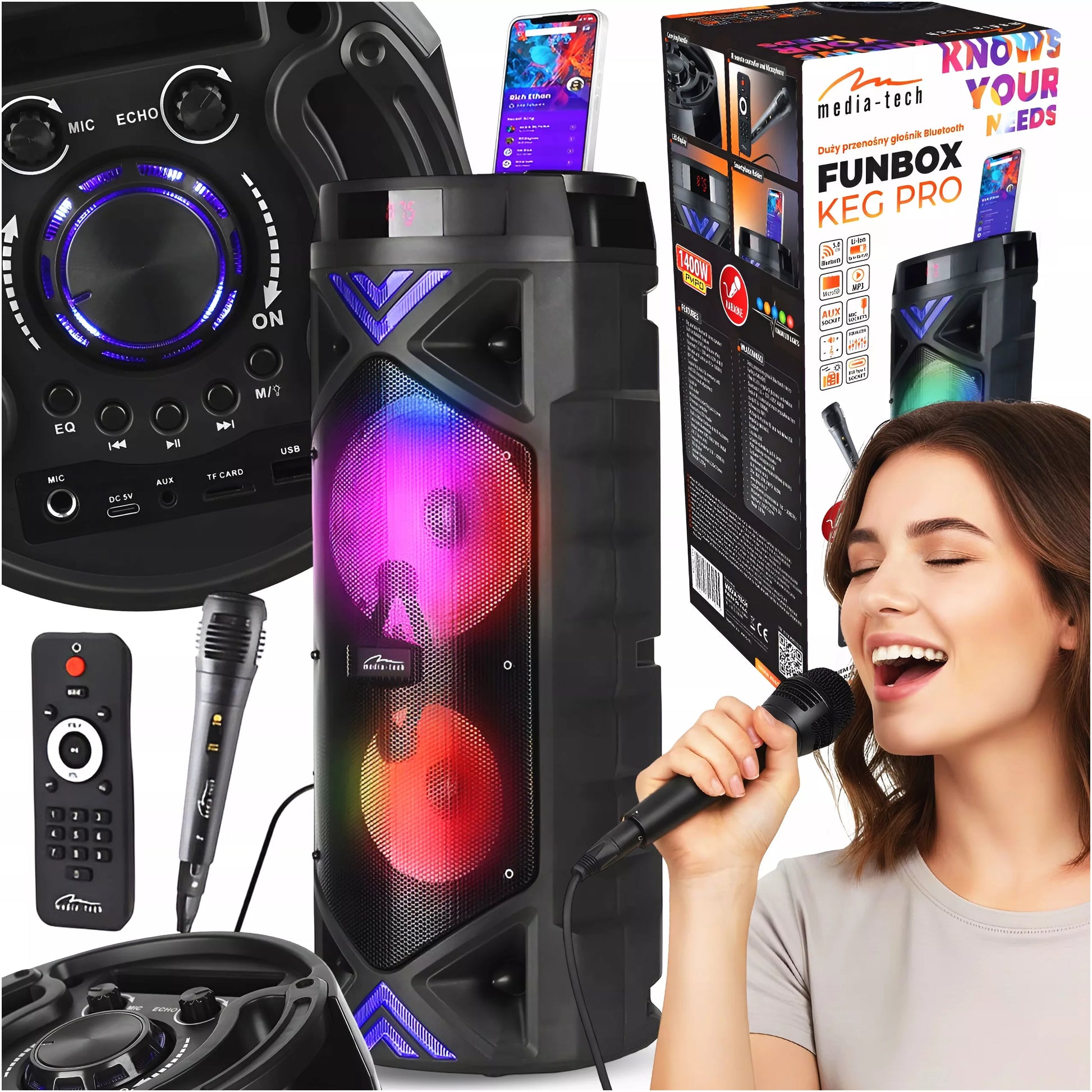 Nešiojamas belaidis „Bluetooth“ garsiakalbis su radiju ir karaokė MEDIATECH KEG 1400W