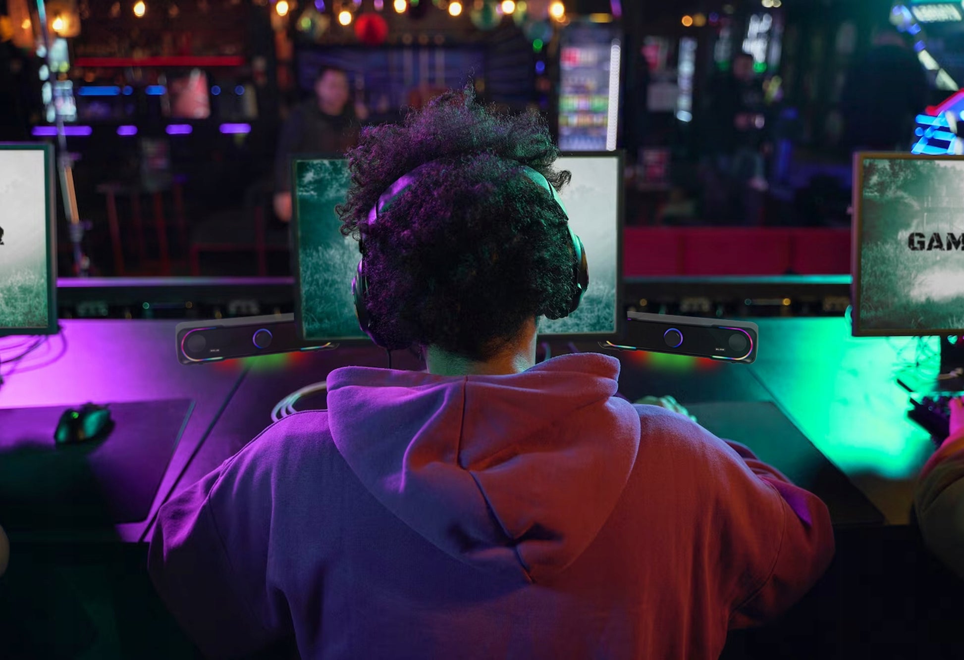 Žaidimų garso juosta (Soundbar) kompiuteriui, 3,5 mm Mini-Jack, AUX, USB, DC, RGB LED