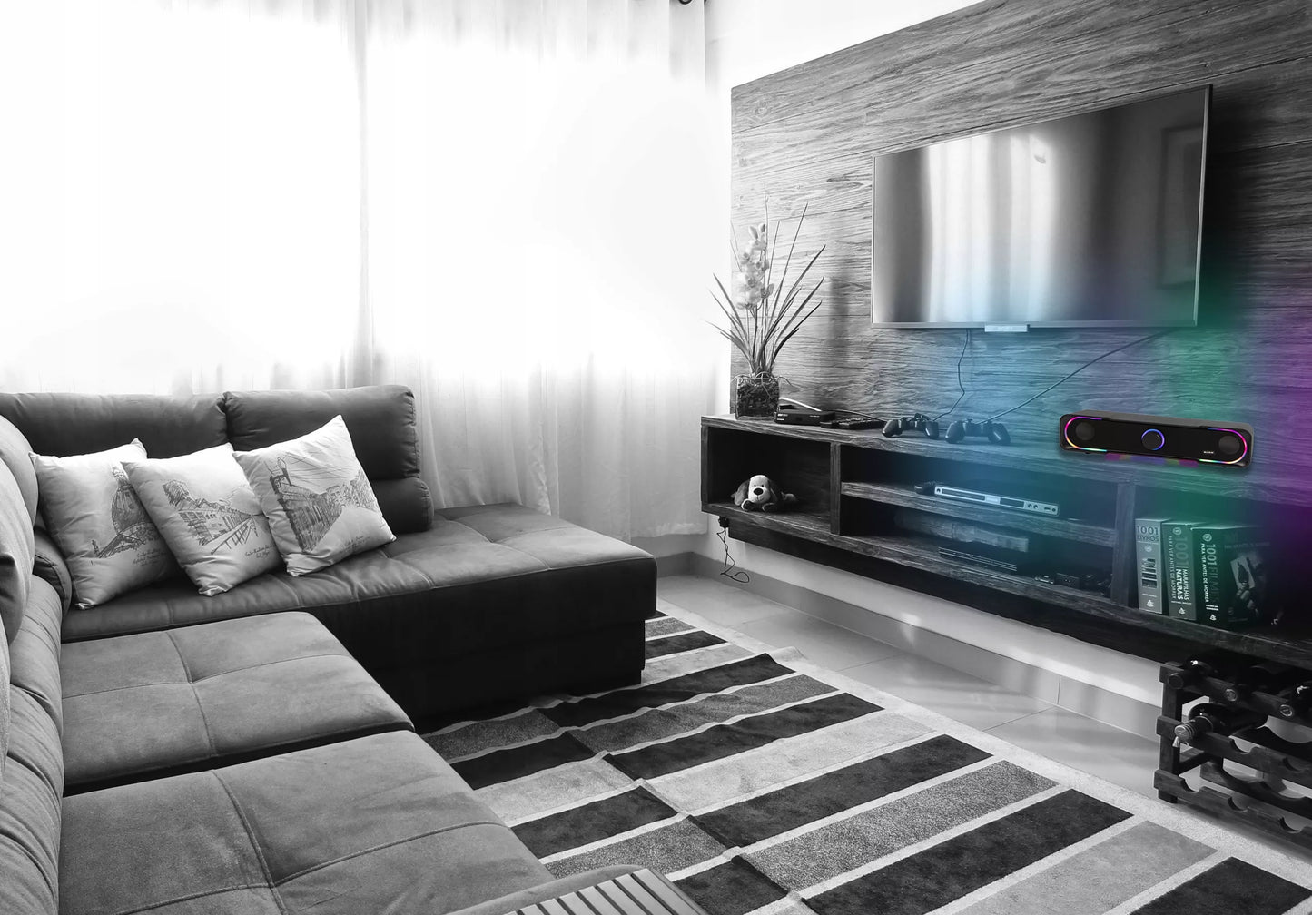 Žaidimų garso juosta (Soundbar) kompiuteriui, 3,5 mm Mini-Jack, AUX, USB, DC, RGB LED