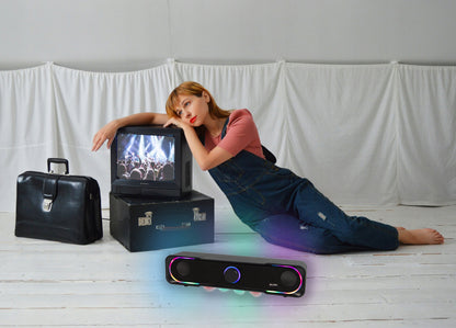 Žaidimų garso juosta (Soundbar) kompiuteriui, 3,5 mm Mini-Jack, AUX, USB, DC, RGB LED