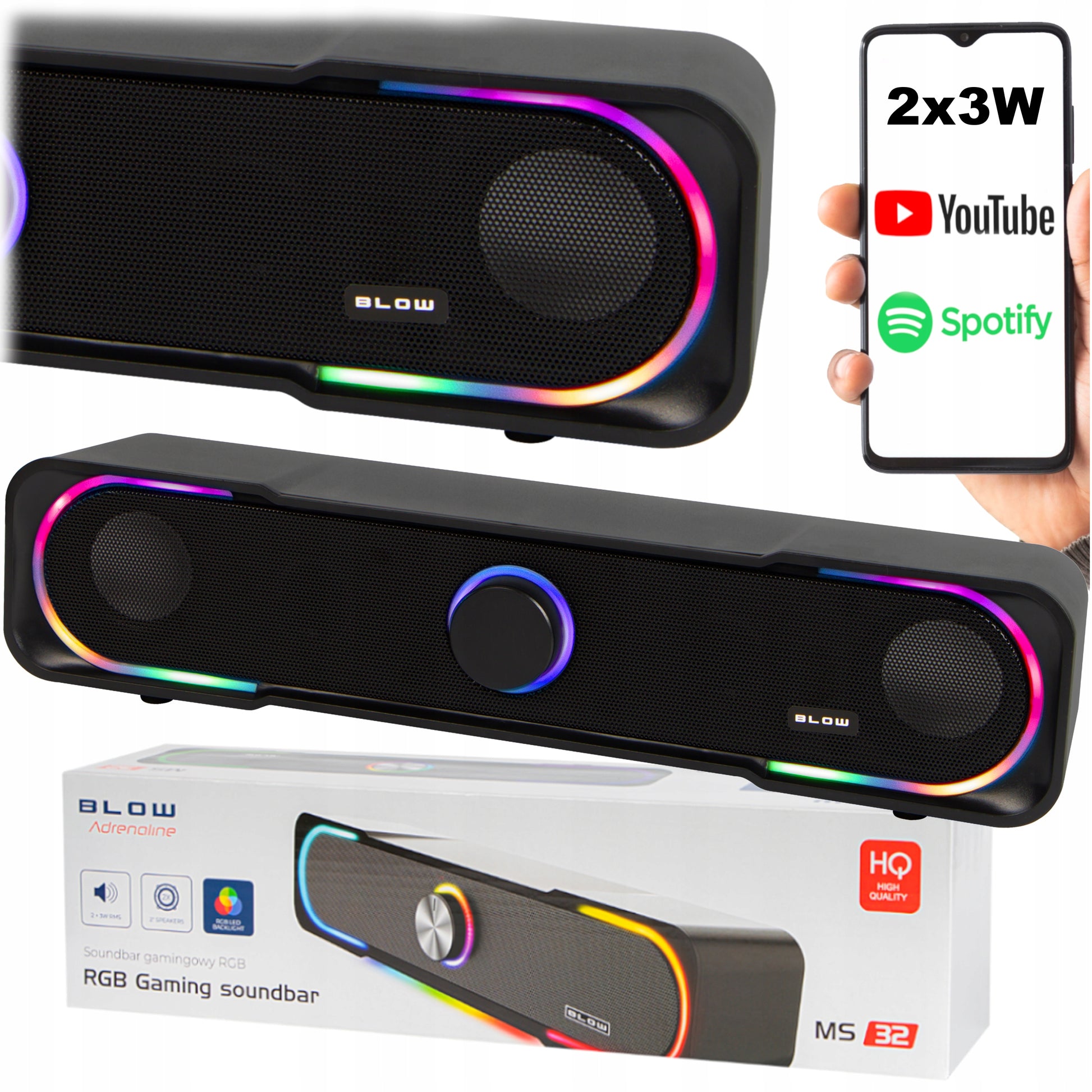 Žaidimų garso juosta (Soundbar) kompiuteriui, 3,5 mm Mini-Jack, AUX, USB, DC, RGB LED