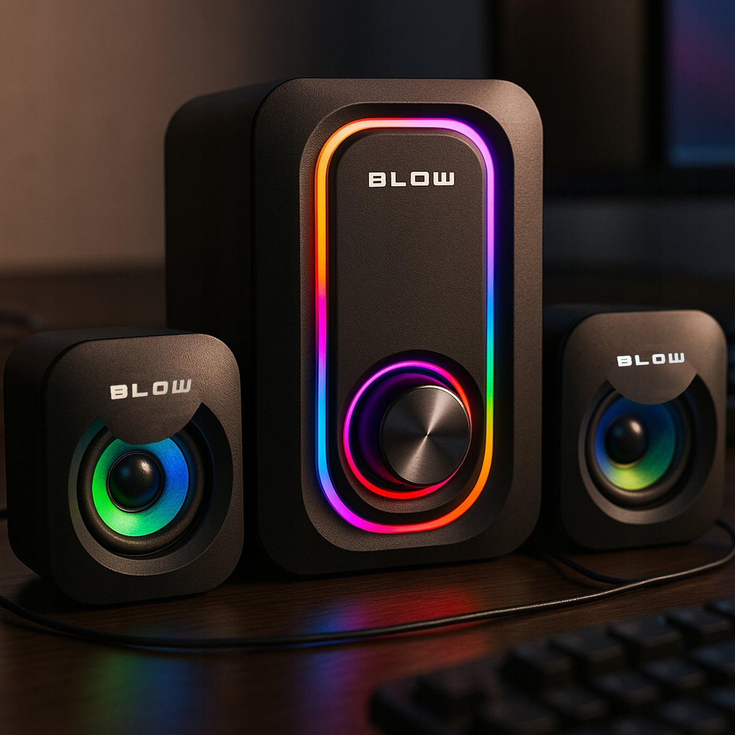 KOMPIUTERINĖS KOLONĖLĖS ŽAIDIMŲ 2.1 KOLONĖLIŲ RINKINYS RGB LED 2x 3W + ŽEMŲ DAŽNIŲ GALEKALNIS 5W