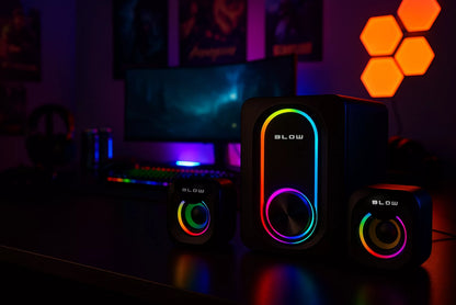 KOMPIUTERINĖS KOLONĖLĖS ŽAIDIMŲ 2.1 KOLONĖLIŲ RINKINYS RGB LED 2x 3W + ŽEMŲ DAŽNIŲ GALEKALNIS 5W