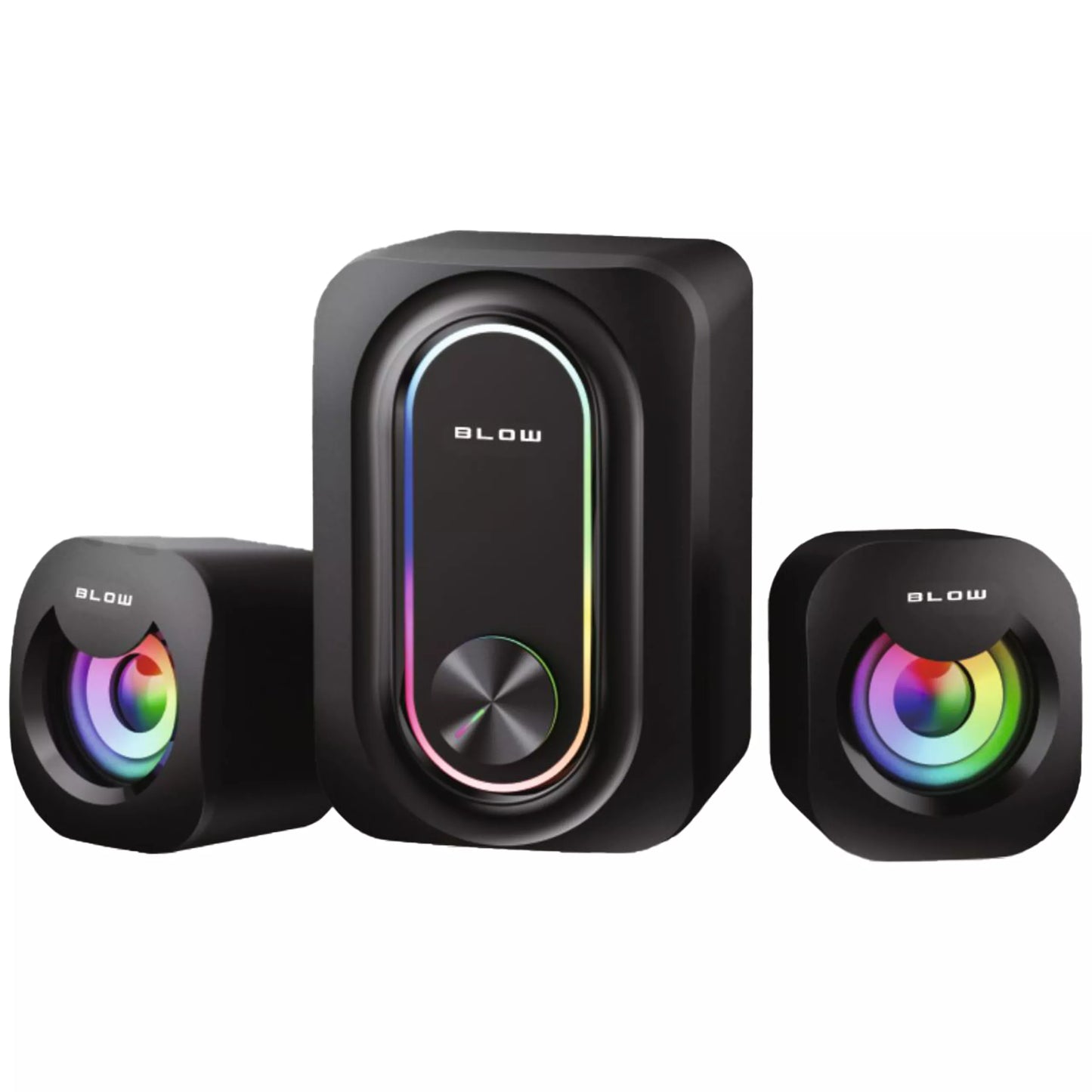 KOMPIUTERINĖS KOLONĖLĖS ŽAIDIMŲ 2.1 KOLONĖLIŲ RINKINYS RGB LED 2x 3W + ŽEMŲ DAŽNIŲ GALEKALNIS 5W