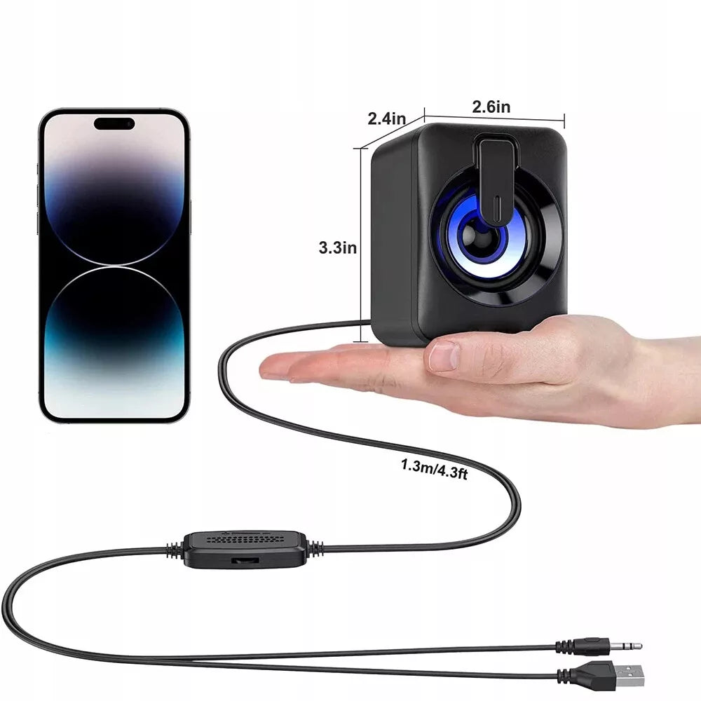 USB 2.0 KOMPIUTERINĖS GARSIAKALBĖS PC NEŠIOJAMAM KOMPIUTERIUI TELEVIZORIUI RGB LED AUX 2x