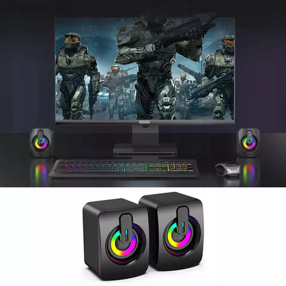 USB 2.0 KOMPIUTERINĖS GARSIAKALBĖS PC NEŠIOJAMAM KOMPIUTERIUI TELEVIZORIUI RGB LED AUX 2x