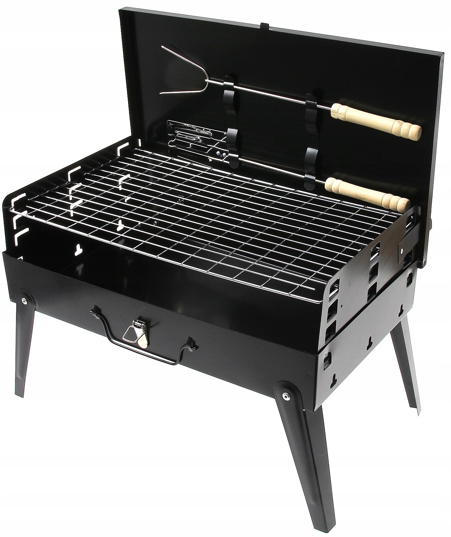 Sodo GRILIS TURISTINIS PERKELIAMAS SULANKSTOMAS BBQ LAGAMINAS SU AKSESUARAIS