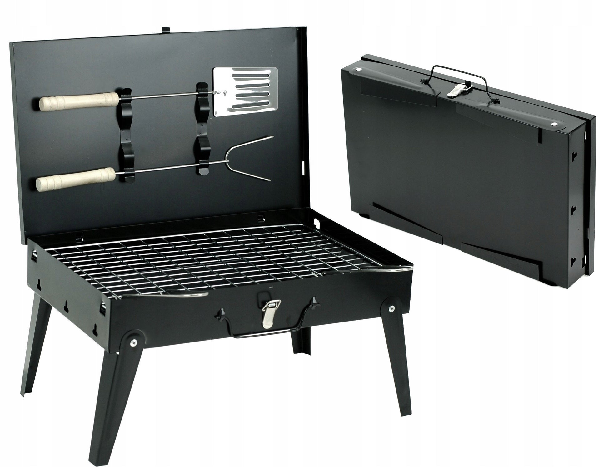 Sodo GRILIS TURISTINIS PERKELIAMAS SULANKSTOMAS BBQ LAGAMINAS SU AKSESUARAIS