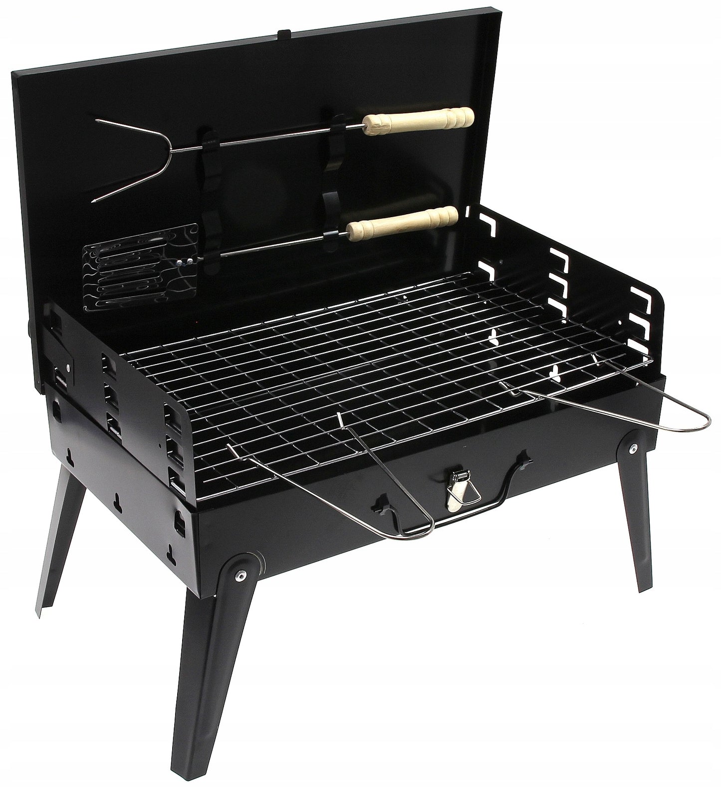 Sodo GRILIS TURISTINIS PERKELIAMAS SULANKSTOMAS BBQ LAGAMINAS SU AKSESUARAIS