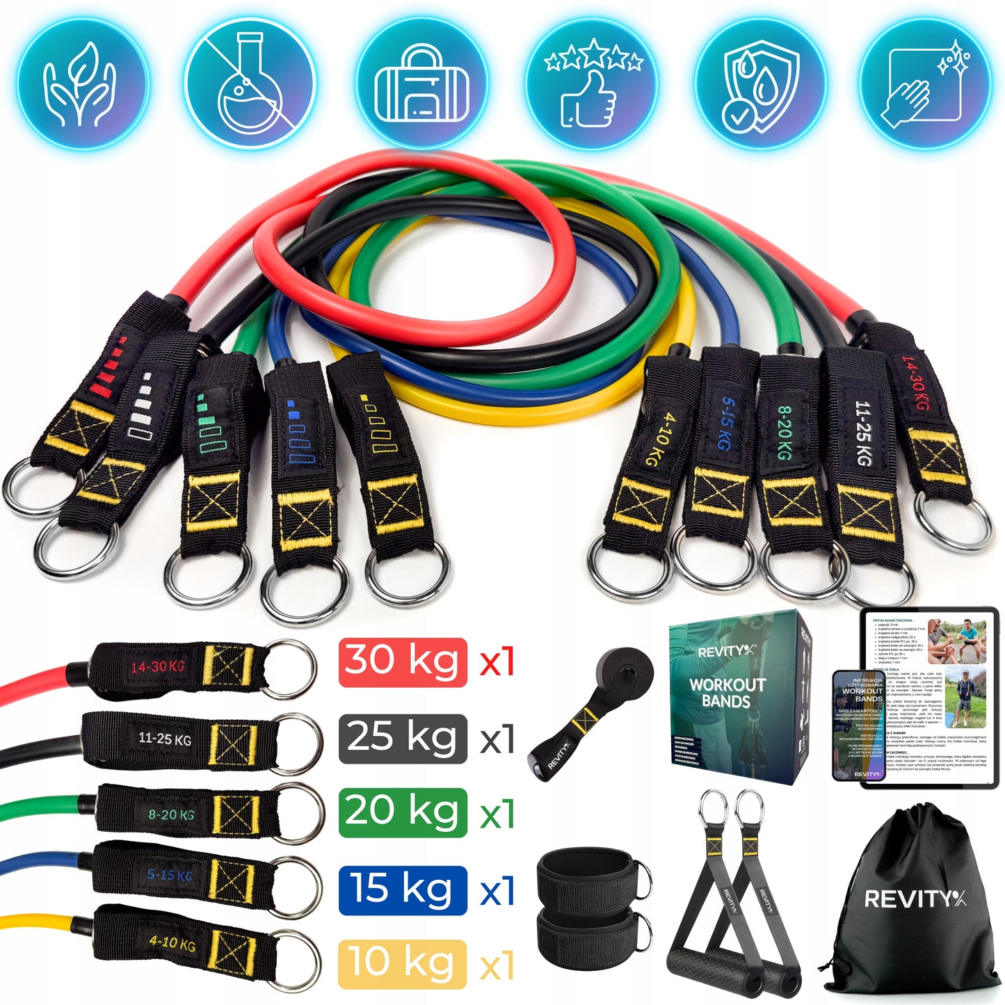 Treniruočių gumos WORKOUT BANDS PRO, Rinkinys iki 100 kg, Aukštos kokybės