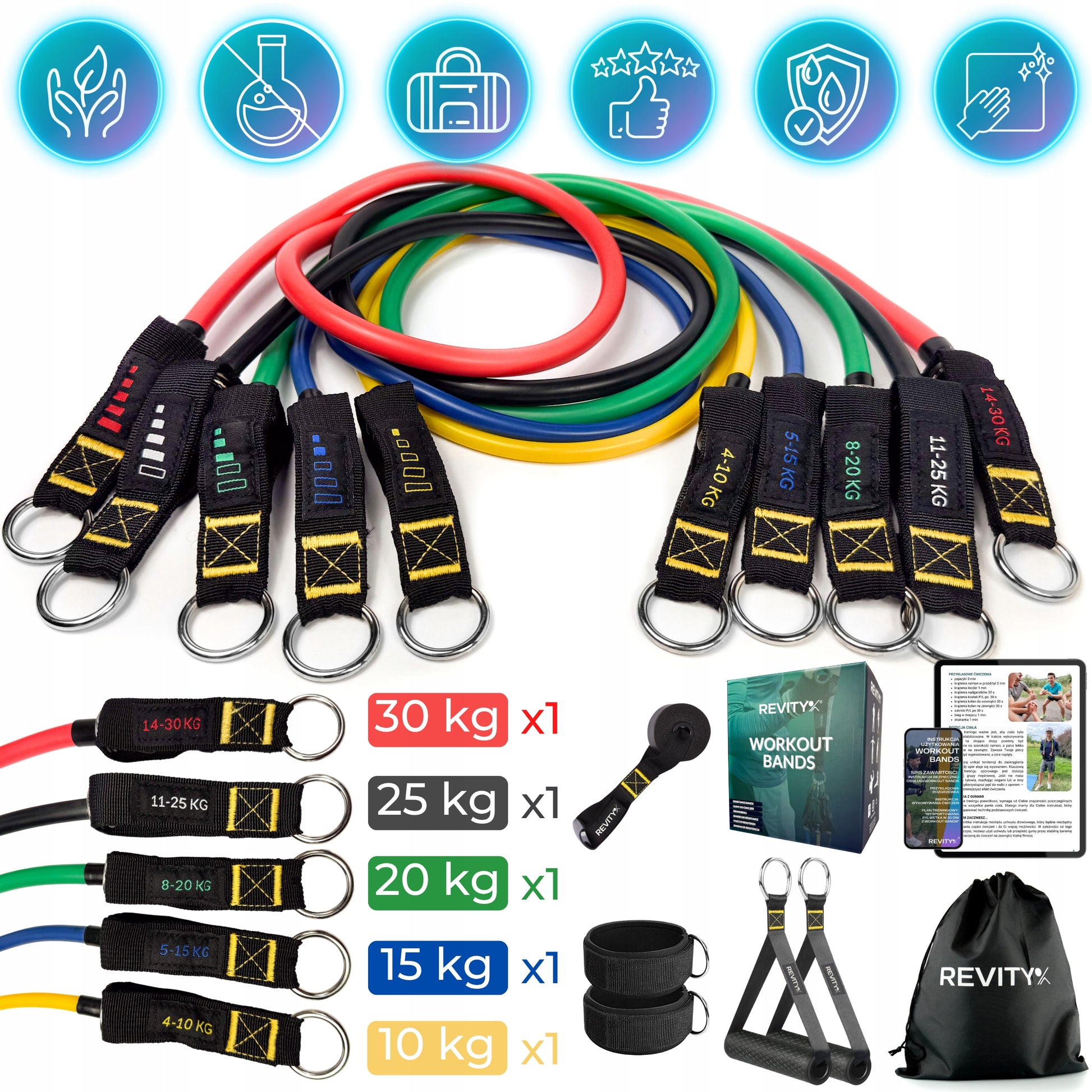 Treniruočių gumos WORKOUT BANDS PRO, Rinkinys iki 100 kg, Aukštos kokybės