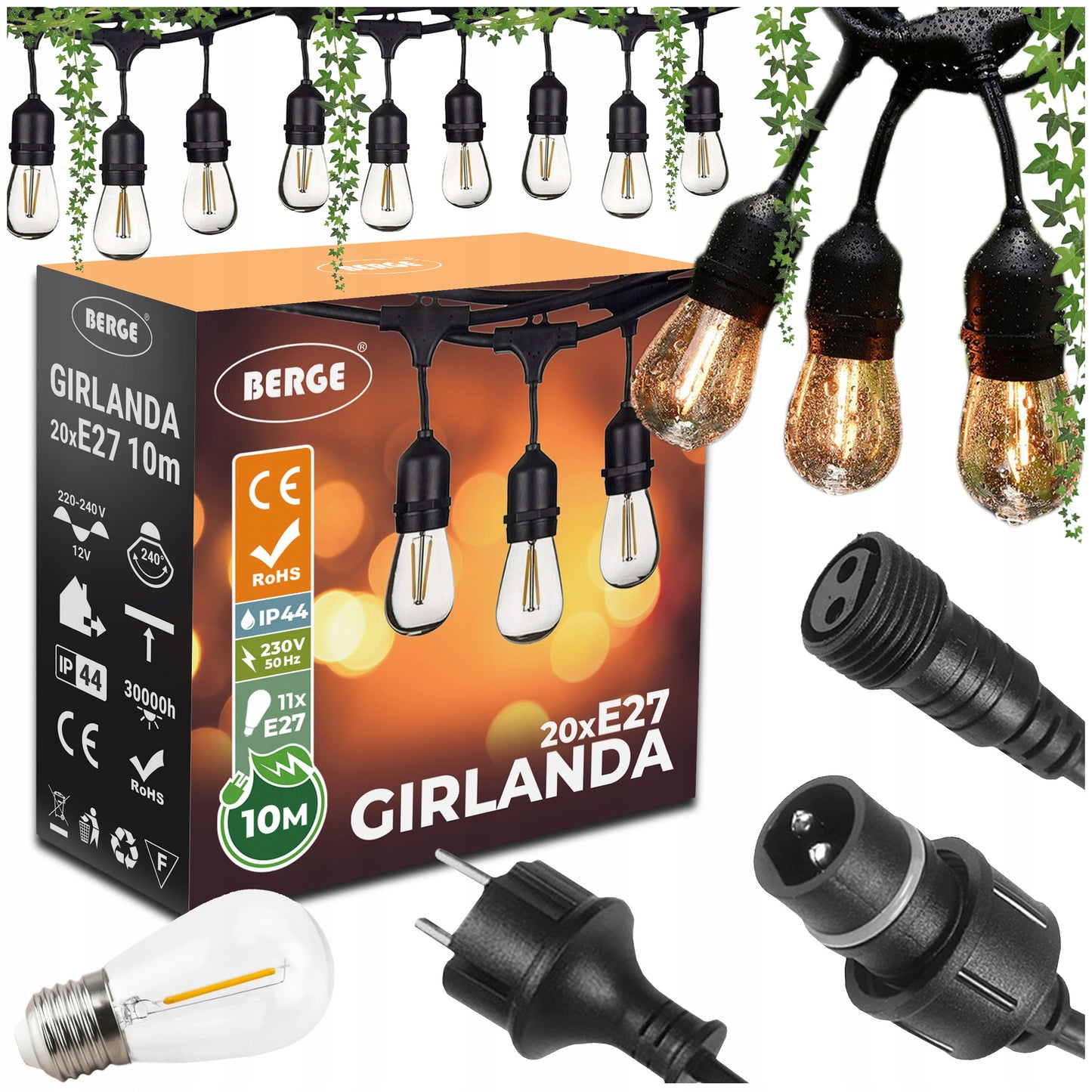 GIRLIANDA sodui ŠVIEČIANTIS LAIDAS 10m 20xE27 Komplektas su LED lemputėmis Berge