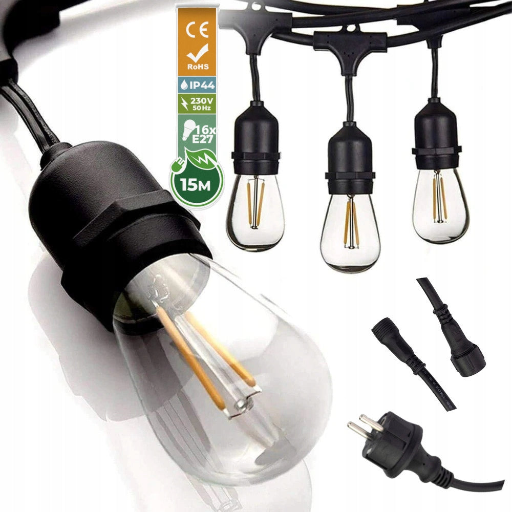 Sodo girlianda ŠVIESOS GRANDINĖ 15M 15xE27 Komplektas su LED lemputėmis IP44