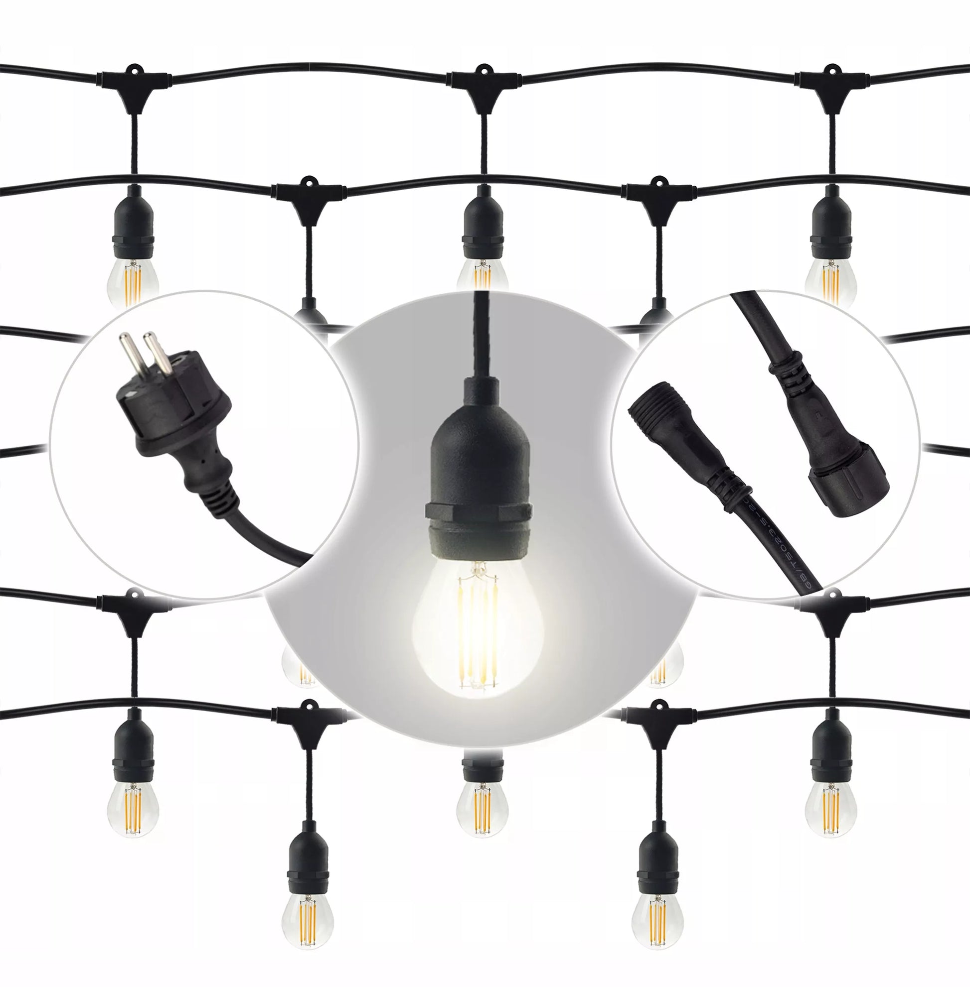 Sodo girlianda – šviesos grandinė 15 m, 15 × E27, komplektas su LED lemputėmis