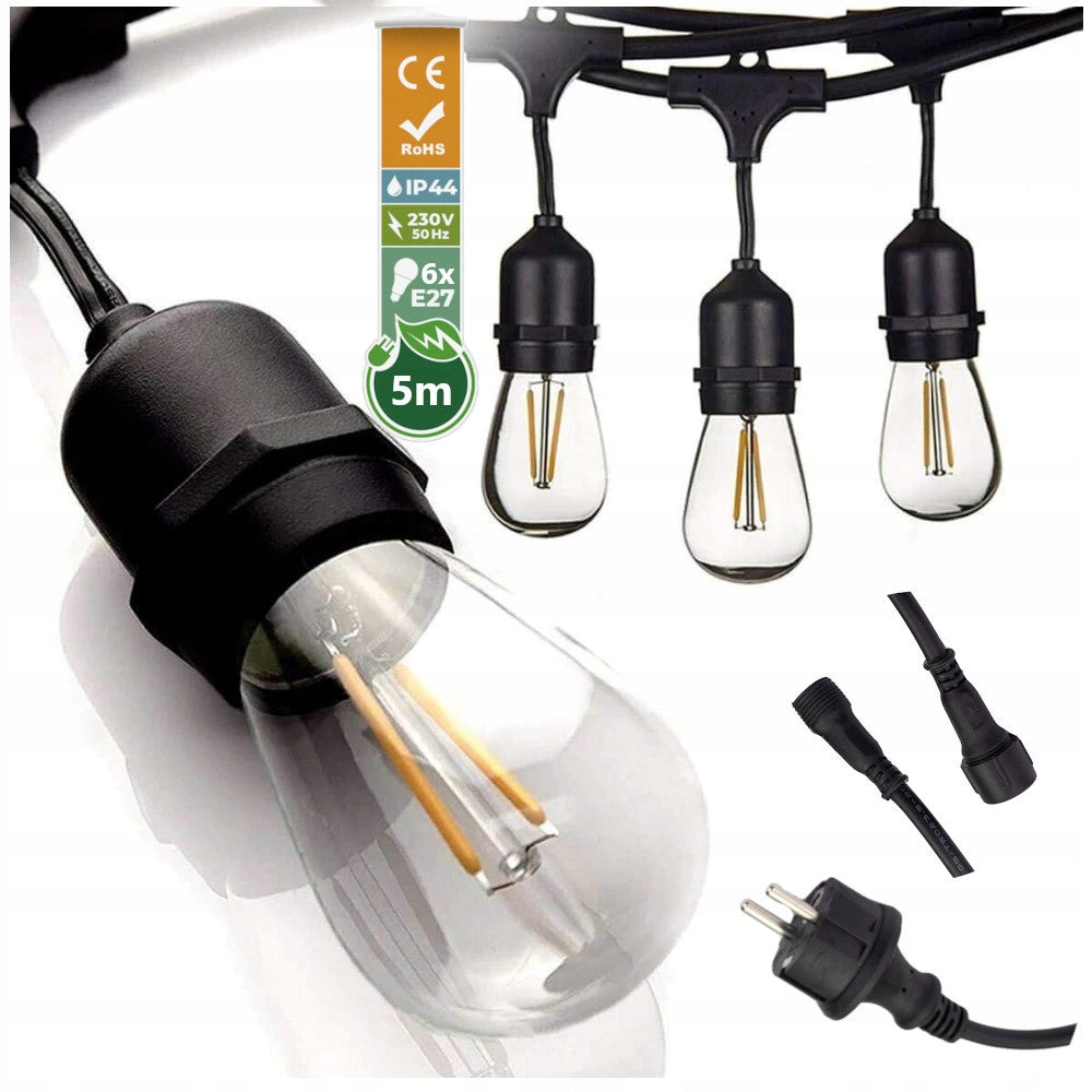 Sodo girlianda Šviesos grandinė 5m 5xE27 Komplektas su LED lemputėmis IP44