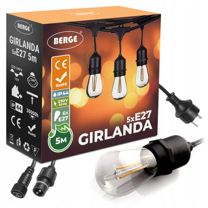 Sodo girlianda Šviesos grandinė 5m 5xE27 Komplektas su LED lemputėmis IP44
