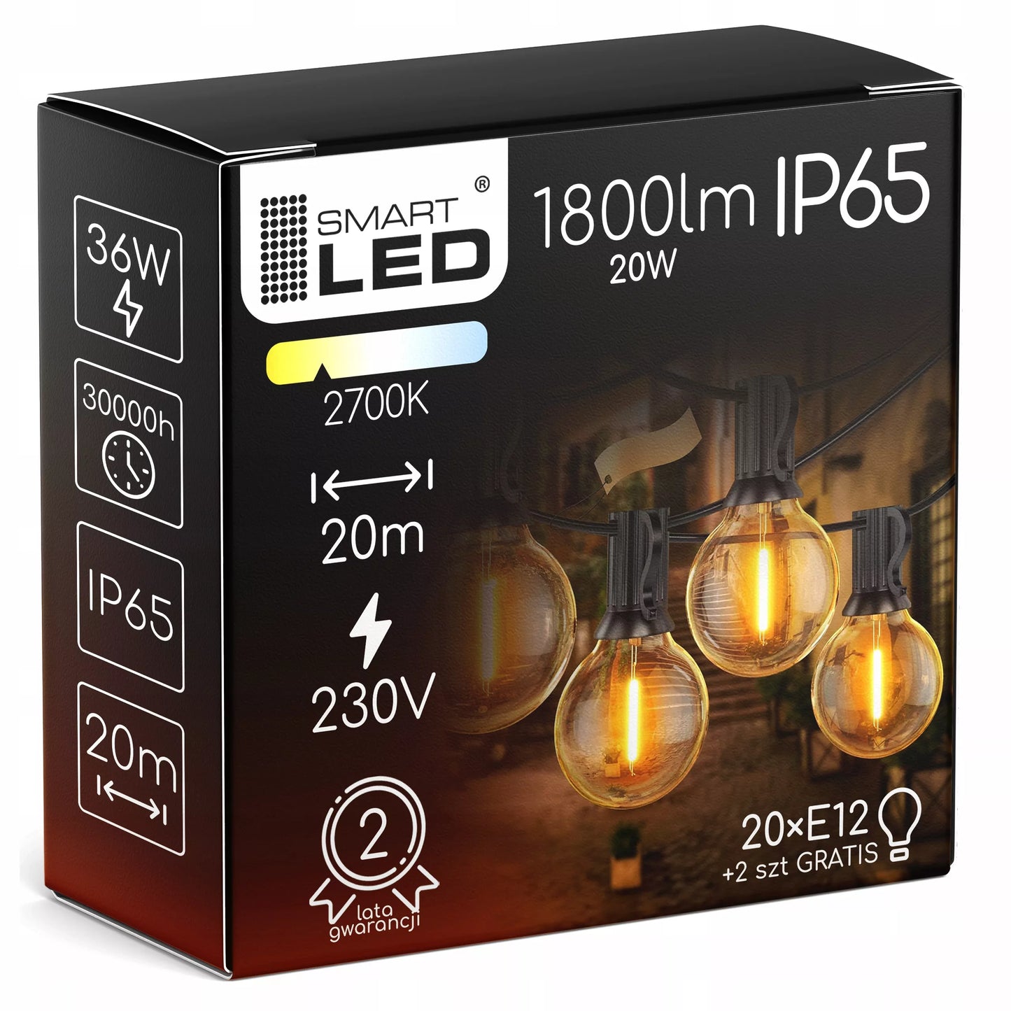 Lauko apšvietimo girlianda 20 m, 20 x 1 W LED lemputės, grandinėlė + 2