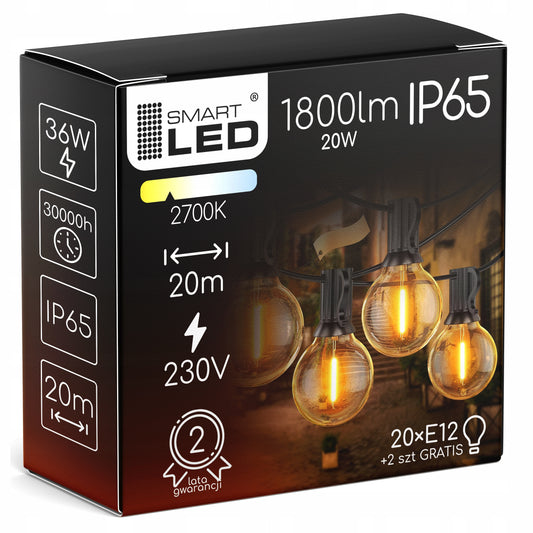 Lauko apšvietimo girlianda 20 m, 20 x 1 W LED lemputės, grandinėlė + 2 x E12 lemputės nemokamai