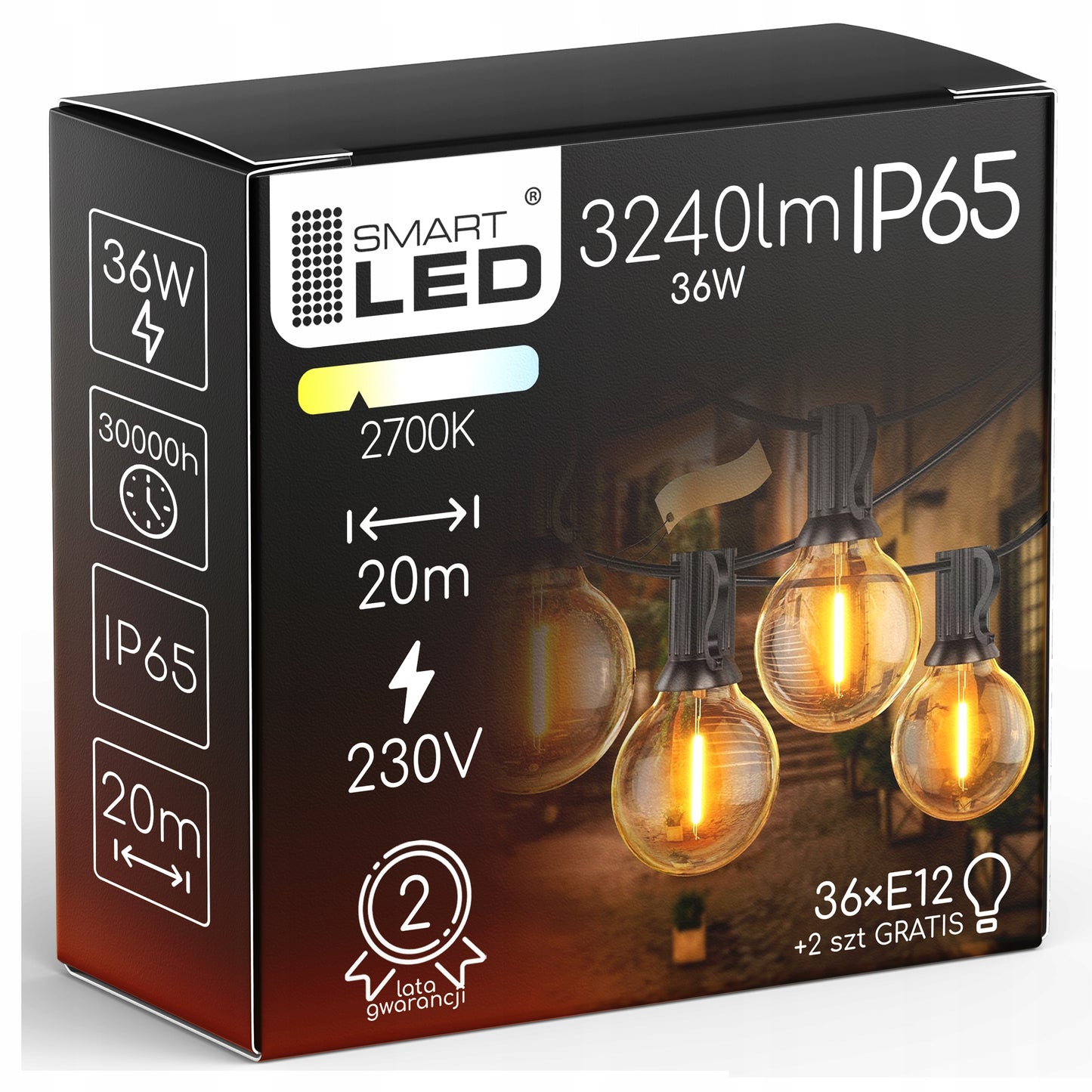 Lauko girlianda 20 m, 36x 1W LED lemputės, grandinėlė + 2x E12 nemokamai