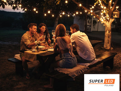 Lauko sodo girlianda šviesos grandinėlė 20 m + 20x E27 LED lemputė