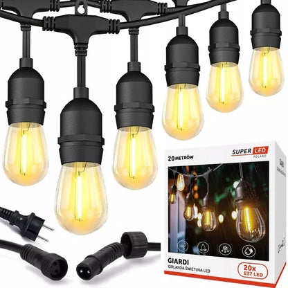Lauko sodo girlianda šviesos grandinėlė 20 m + 20x E27 LED lemputė