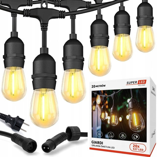 Lauko sodo girlianda šviesos grandinėlė 20 m + 20x E27 LED lemputė