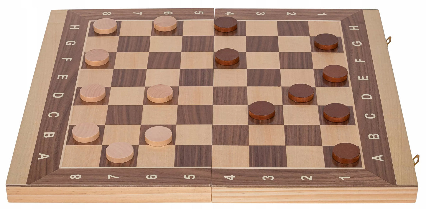 Žaidimas 3in1 Mediniai Turnyriniai Šachmatai 4 + Backgammon + Šaškės - 44 x 44 cm